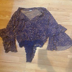 Free People Intimately "Ditsy" Floral Long Sleeve Bodysuit with Blue Lace SIZE M